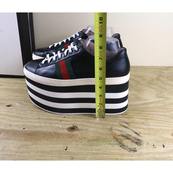 Gucci Sneakers Womens 10.5B Black Leather Peggy Platform Striped Shoes Italy - Picture 11 of 15